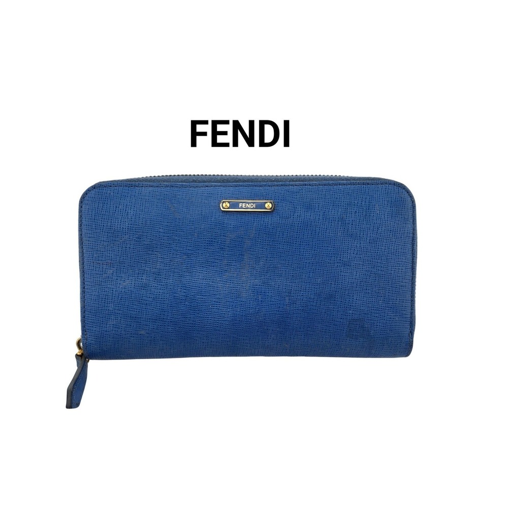 Fendi Blue Textured Leather Zip Around Wallet Gold Logo Plaque